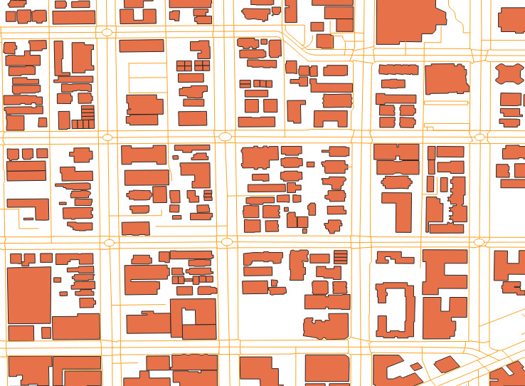 Roads and buildings from OpenStreetMap.
