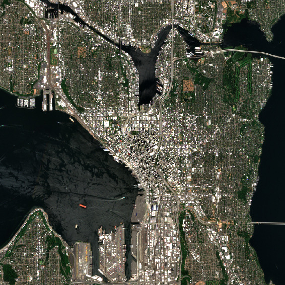 A Sentinel-2 image of Seattle from July 2025.