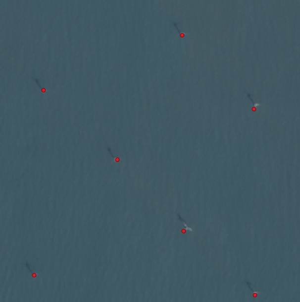 Screenshot from qgis showing the Sentinel-2 image computed for a window along with the label GeoJSON containing marine infrastructure points